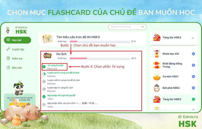 Bước 2: Chọn chủ đề bạn muốn học và chọn mục Flashcard