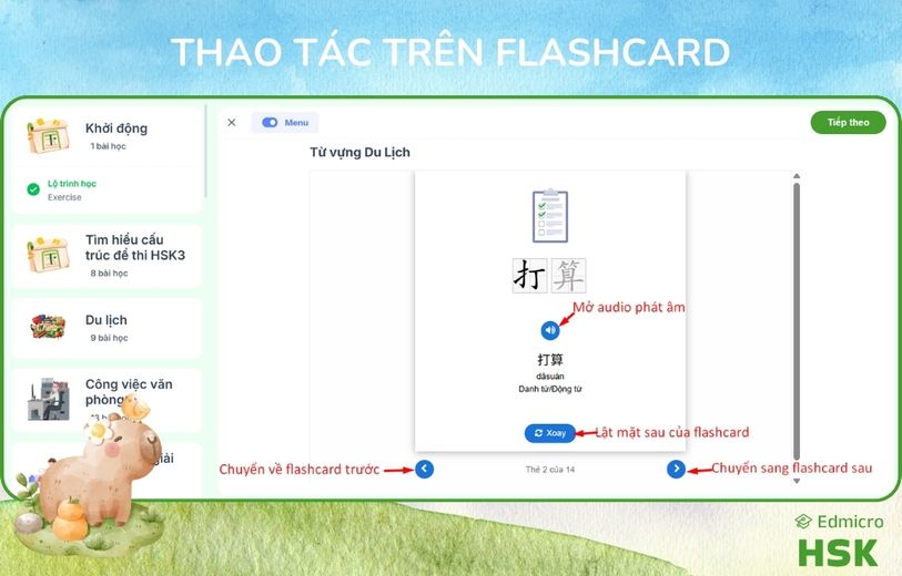 Bước 3: Thao tác trên Flashcard tiếng Trung Edmicro HSK