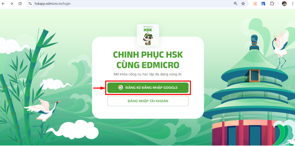 Màn hình đăng nhập của nền tảng học Edmicro HSK