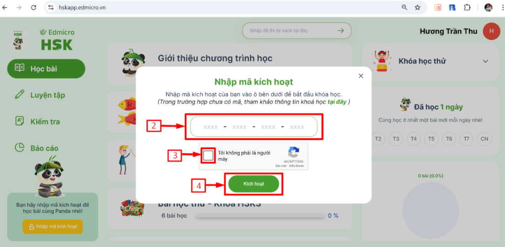 Nhập mã kích hoạt của từng khóa học Edmicro HSK vào ô trống để kích hoạt