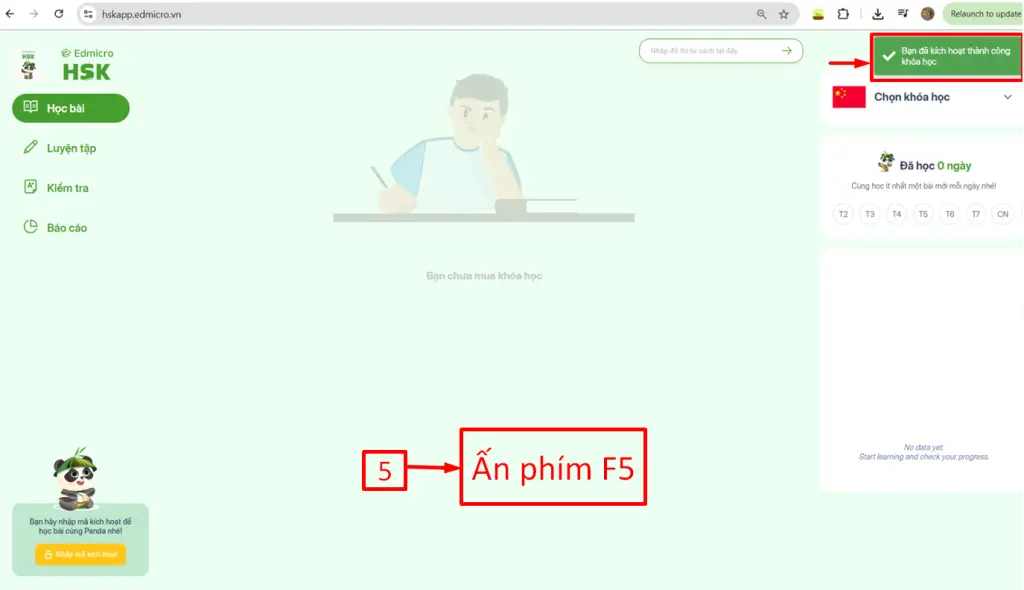 Màn hình hiển thị thông báo đã kích hoạt thành công khóa học Edmicro HSK