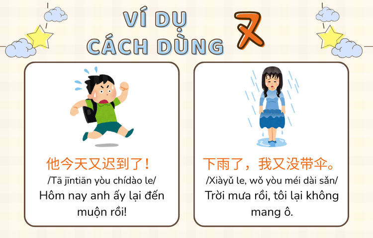 Ví dụ cách dùng 又 trong tiếng Trung